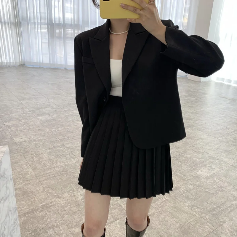 

Elegant 2021 Spring Fashion Women's Skirts Elegant Single Button Blazer and High Waist Mini Pleated Skirt Ladies Blazer Suit