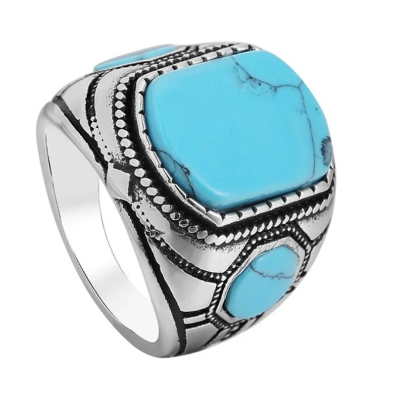 Classic Simple Blue Stone Flat Rings for Men Retro Charm Casual Party Jewelry Gift