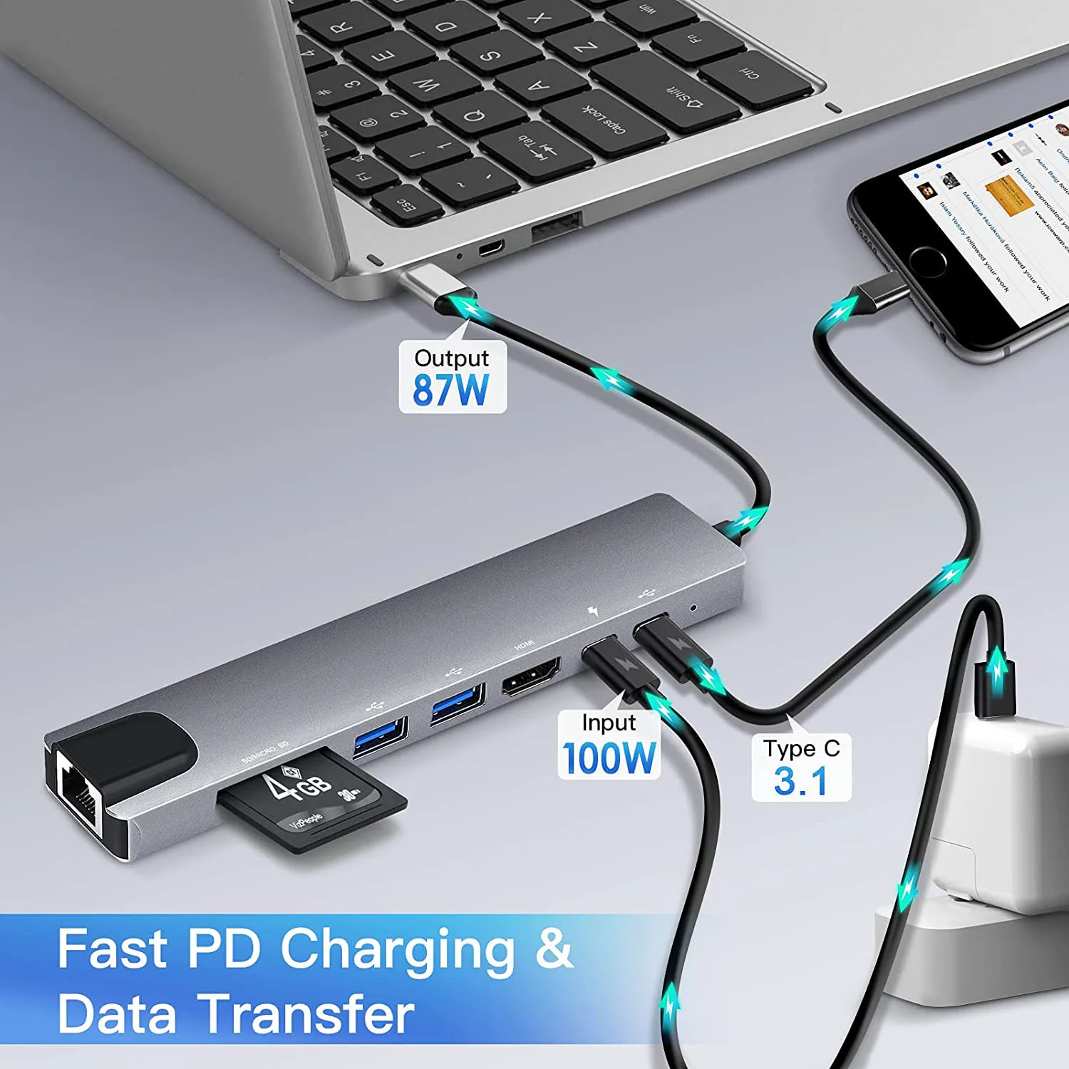 USB-концентратор 8 в 1 USB Type-C 3 1-4K HDMI с кардридером RJ45 SD/TF быстрой зарядкой PD Thunderbolt