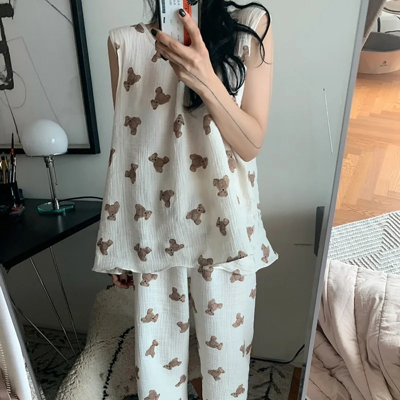 Sleeveless Cartoon Bear Summer Pajamas Set Women Korean Kawaii Tank Tops Pants Set Two Piece Sleepwear Home Suit Cotton Homewear