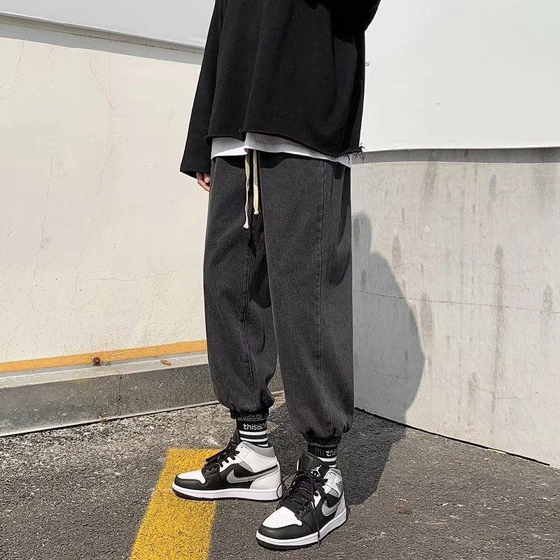 

Drawstring Jeans Men's Fashion Retro Casual Blue/Black Harem Jeans Men Streetwear Loose Hip-hop Straight Denim Trousers Mens
