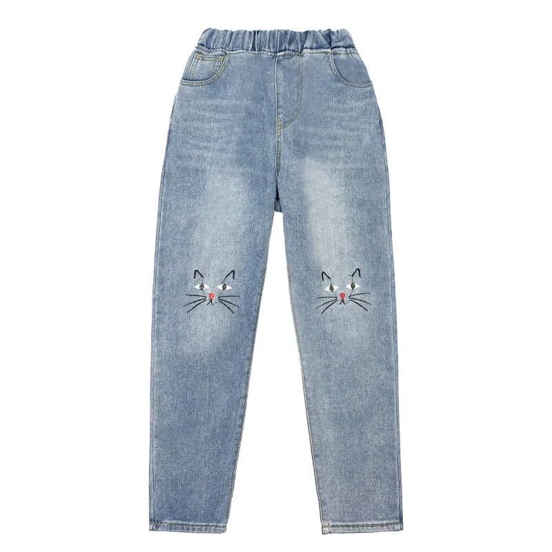 

Plus Size High Waist Cat Embroidered Elastic Waist Jeans for Women S M L XL 2XL 3XL 4XL 5XL