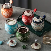 nordic hand painted ceramic spice jar set with spoon household chili spice box salt seasoning combination jar kitchen accessorie