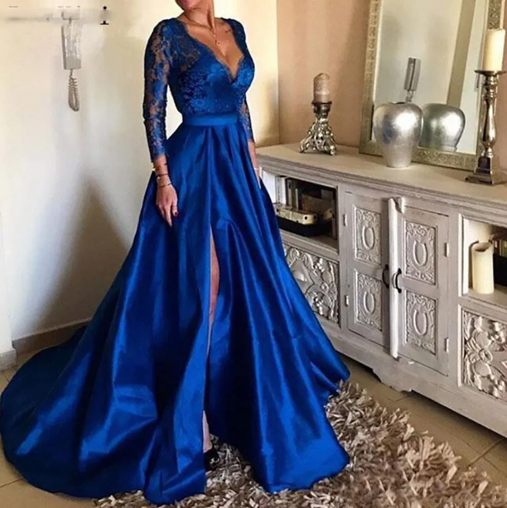 New A Line Lace Satin V-Neck Prom Party Gown Girls Pageant Formal Dress Custom Evening Dresses Long Sleeve | Свадьбы и торжества