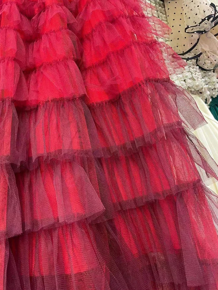 

Retro Gradient Tie-dye Multi-layered Ruffle Elastic Waist Mesh Skirt Ladies Summer New Fashion A-line Loose Large Puff Skirt