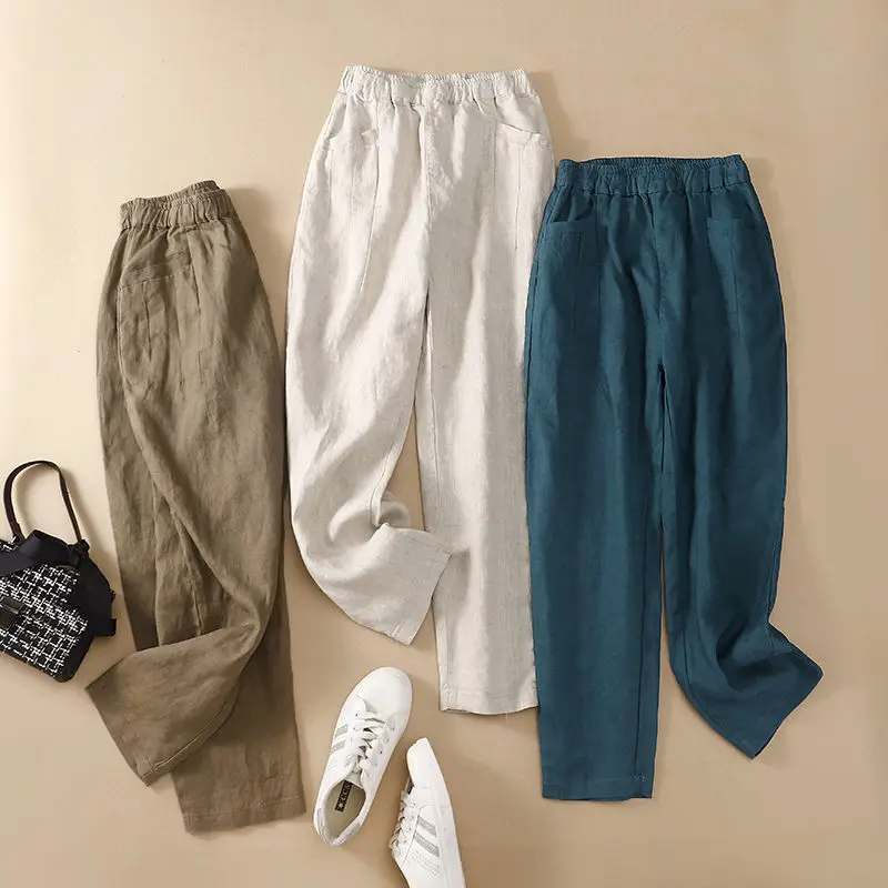 

2021 Summer Cotton Linen Pants For Women Trousers Casual Thin Loose Large Size Harlan Carrot Pants Elastic Waist Clothing zh1051