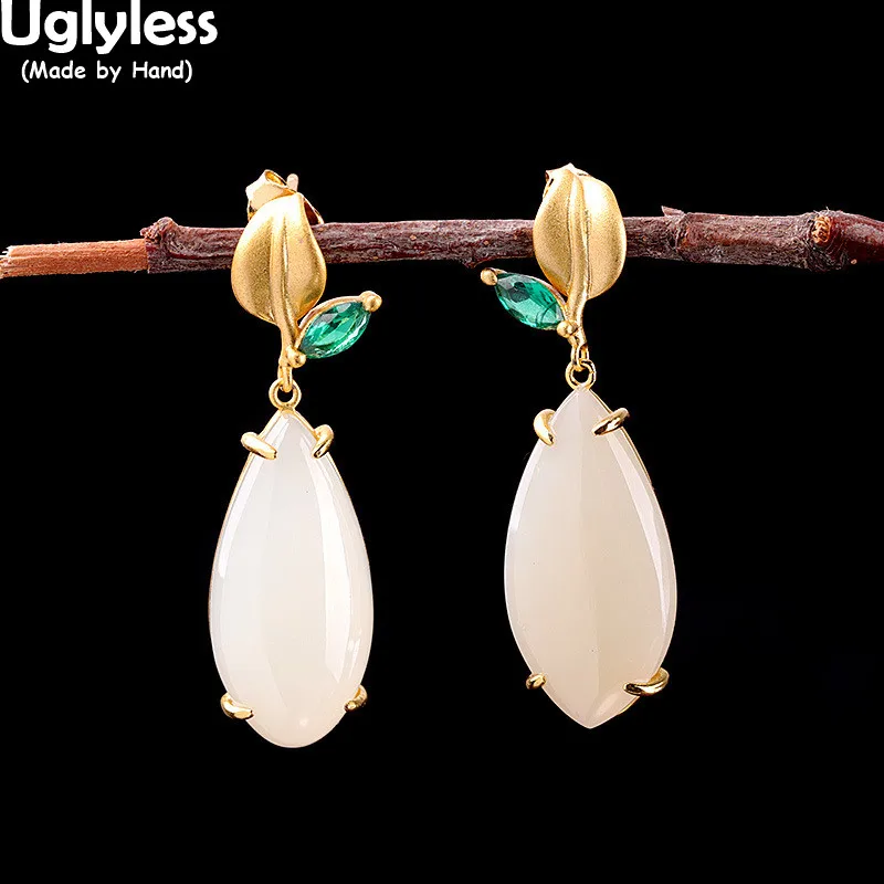 

Uglyless Water Drop Gemstones Hetian Jade Women Dress Earrings Gold 925 Silver Leaves Dangle Earrings Zircons Brincos Bijoux