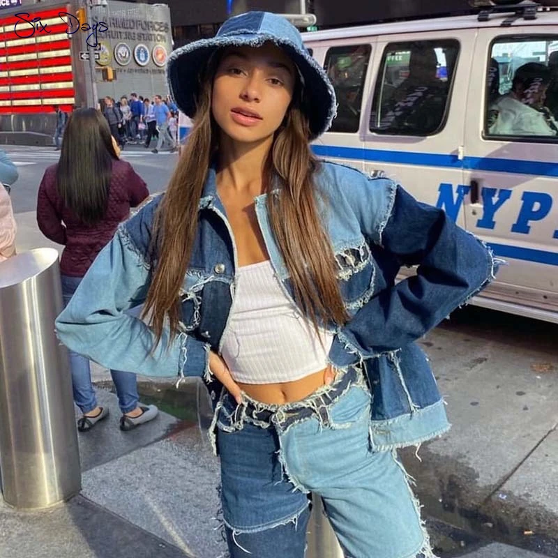 

Spring Women Fashion Denim Jacket Coat Vintage Long Sleeve Frayed Hem Female Outerwear Chic Tops Chaqueta Mujer Jeans Jacket