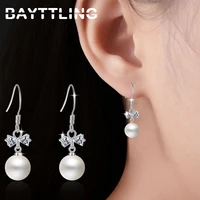 bayttling silver color 35mm fine shiny zircon bowknot pearl drop earrings for woman fashion wedding party gift jewelry