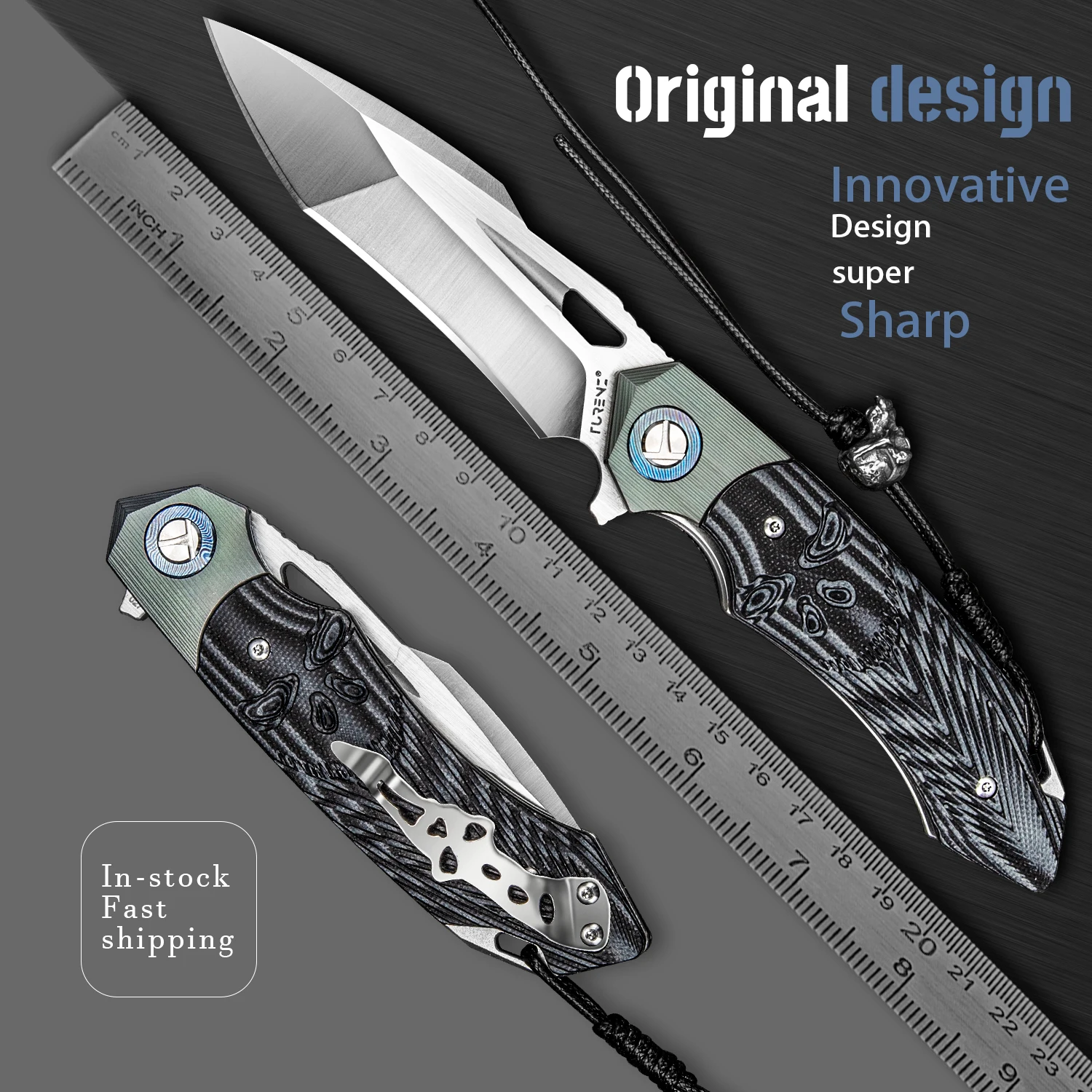 Skull Folding Pocket Knife with Clip D2 Tanto Point Balde Titanium Damascus Blade EDC Tool for Climbing Survival Hunting Outdoor