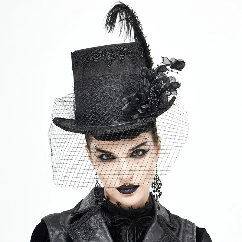 

Retro Gothic Style Banquet Gorgeous Top Hat Gauze Feather Carved Unisex Party Halloween Hat