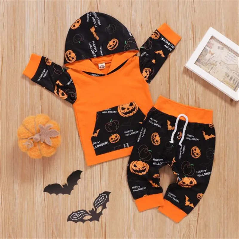 

Комплект одежды для мальчиков на Хэллоуин из двух частей, пуловер и брюки с рисунком черной тыквы и букв, одежда для Хэллоуина, детская одежд...