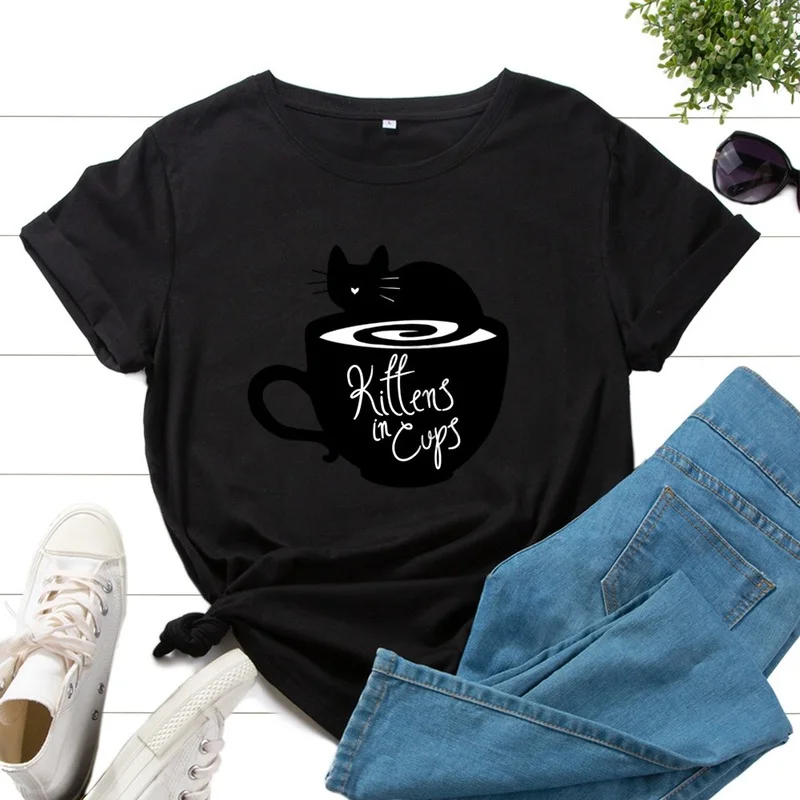 

Summer Women T-shirt 100% Cotton Short Sleeve Cat Coffee Letter Print Female Fashion Casual T Shirt Ladies Daily O-Neck Tee Tops