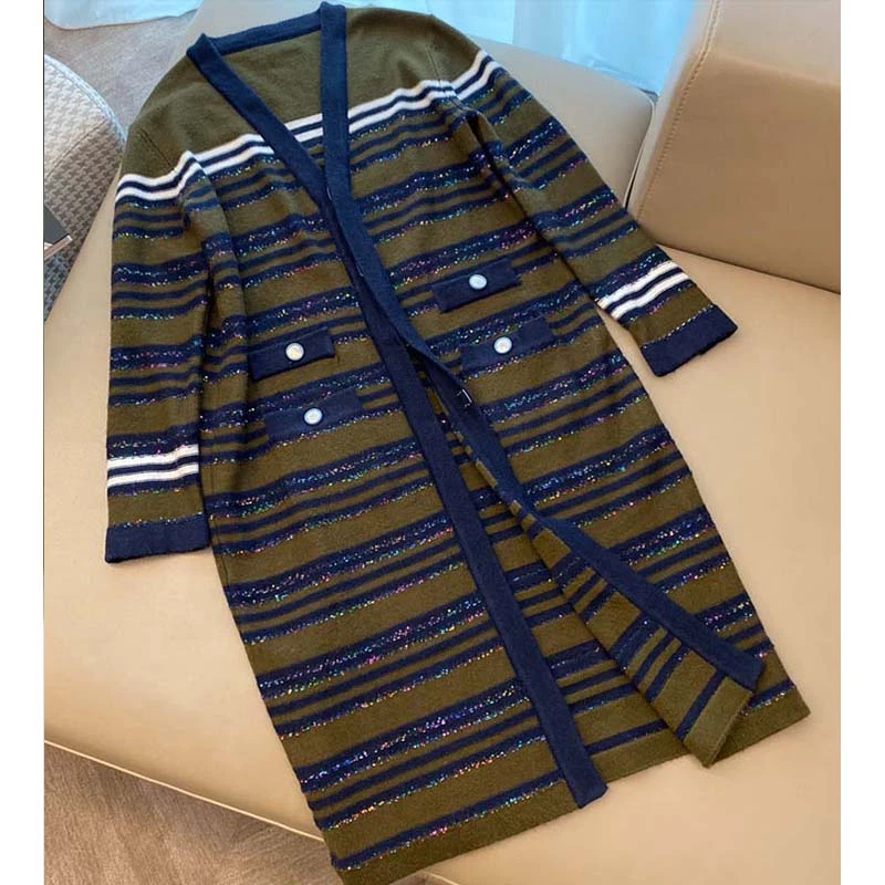 

Eureeky High-end Women Knitted Cashmere Stripe Cardigan Vintage Long Sleeve Golden Buttons Pockets Sweater Runway Cardigans