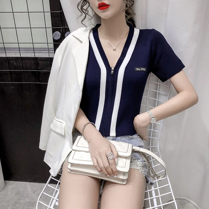 

Short sleeve 2021 new summer wear slim design niche V-neck knitted cardigan high waist short top women's fashion