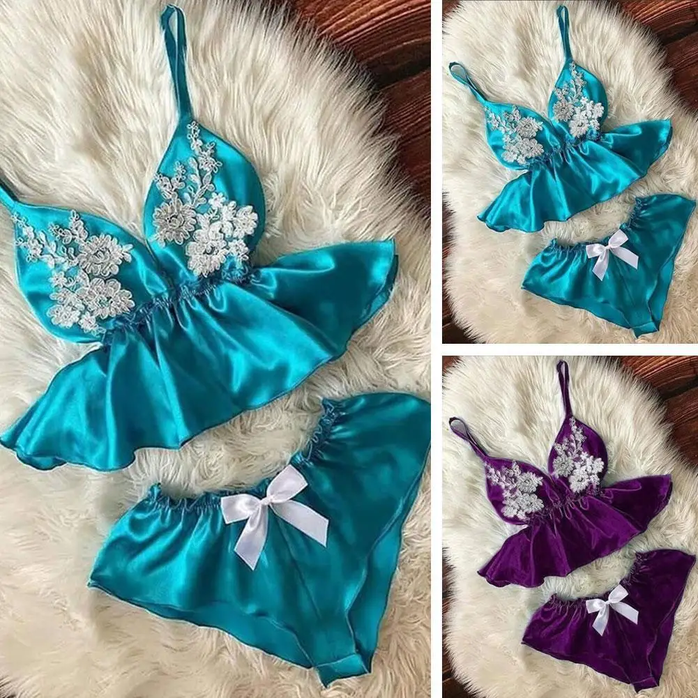 

Женская одежда для сна, комплект нижнего белья, женское платье с v-образным воротом, с цветочной вышивкой, сатиновый комплект пижамы сексуал...