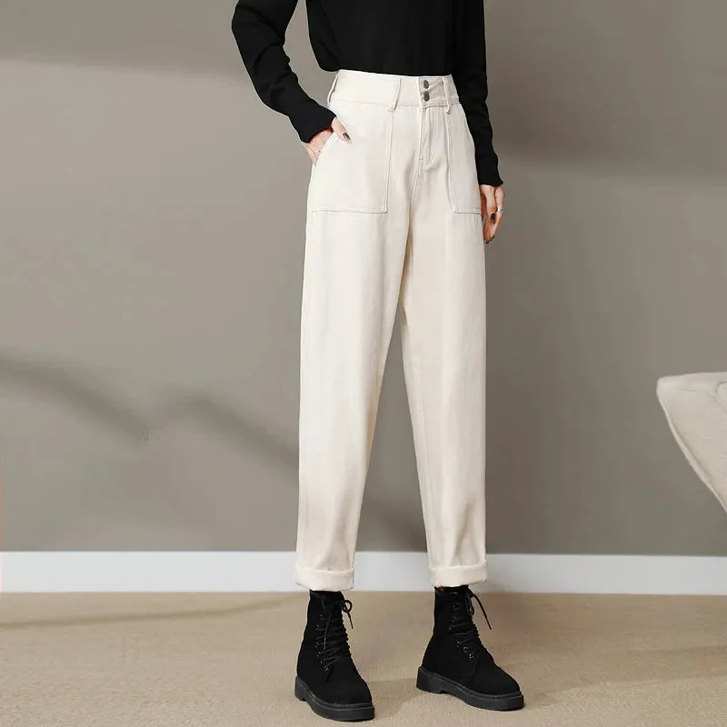 

White Pants High Waist Plus Velvet Straight Warm Denim Trousers New Thick Stretch Fleece Vintage Korean Fashion Harajuku Jeans