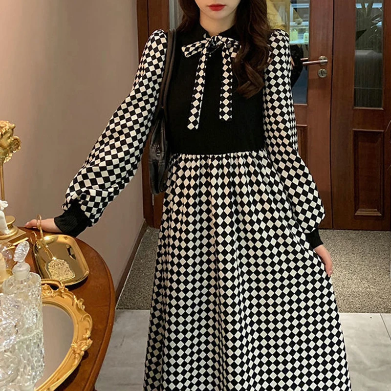 

French Vintage Black White Plaid Women Dresses Spliced Fake Two Drawstring All-match Tunic Elegant Romantic Party Outfit Clothes