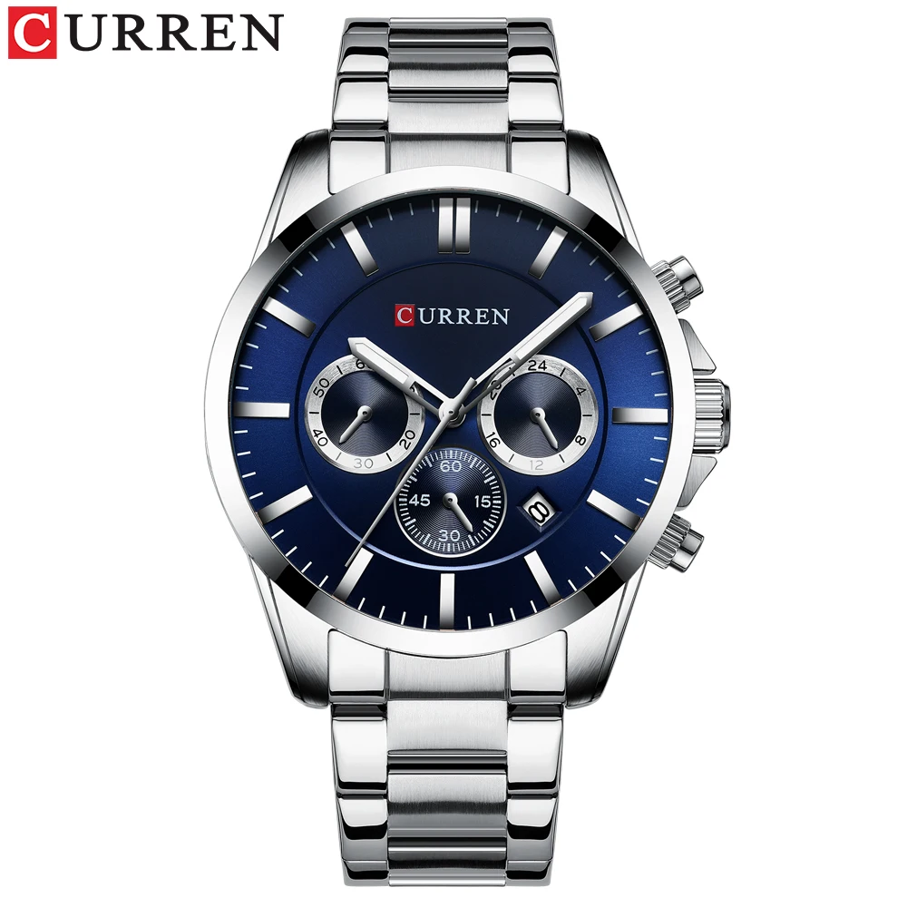 Silver blue CURREN luruxy Брендовые мужские кварцевые часы из нержавеющей стали часы с металлическим ремешком мужские водонепроницаемые светящиеся часы мужские спортивные часы Relogio Masculino - Цвет: Silver blue
