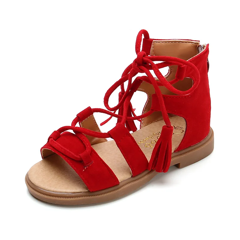 

Girls Vintage Sandals New Summer Kids Shoes Girls Rome Flock Tassel Zip Lace up Princess Rubber Beach Sandals Girl Flat Shoes