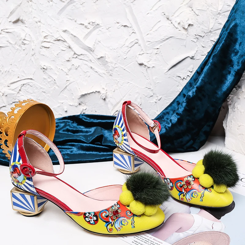 Koovan Women Sandals 2020 New Retro National Style Women's Shoes 3D Color Printing Pompom High Heeled Bridal Wedding | Обувь