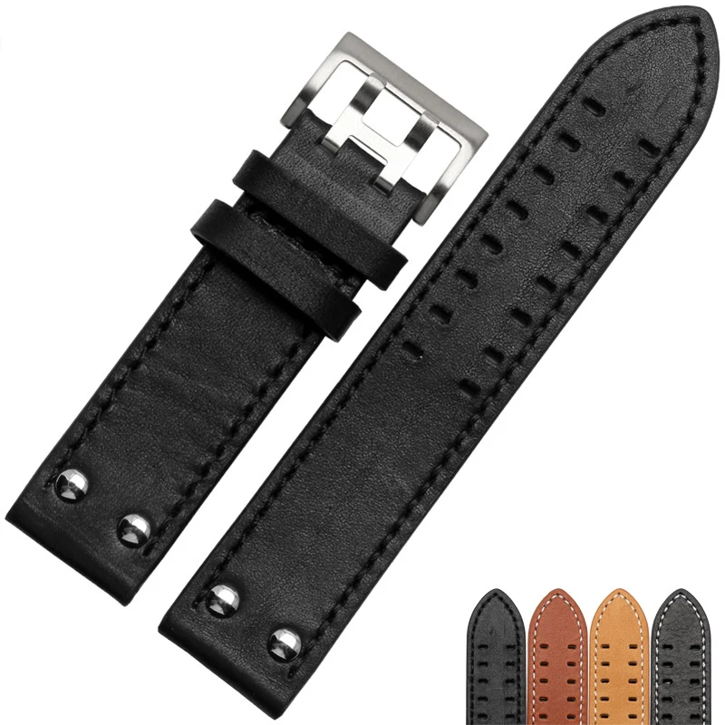 20mm22mm Double Row Hole Leather Straps for Hamilton Seiko Watch Band Rivet Mens Military Pilot Khaki Field Aviation Watch Belts