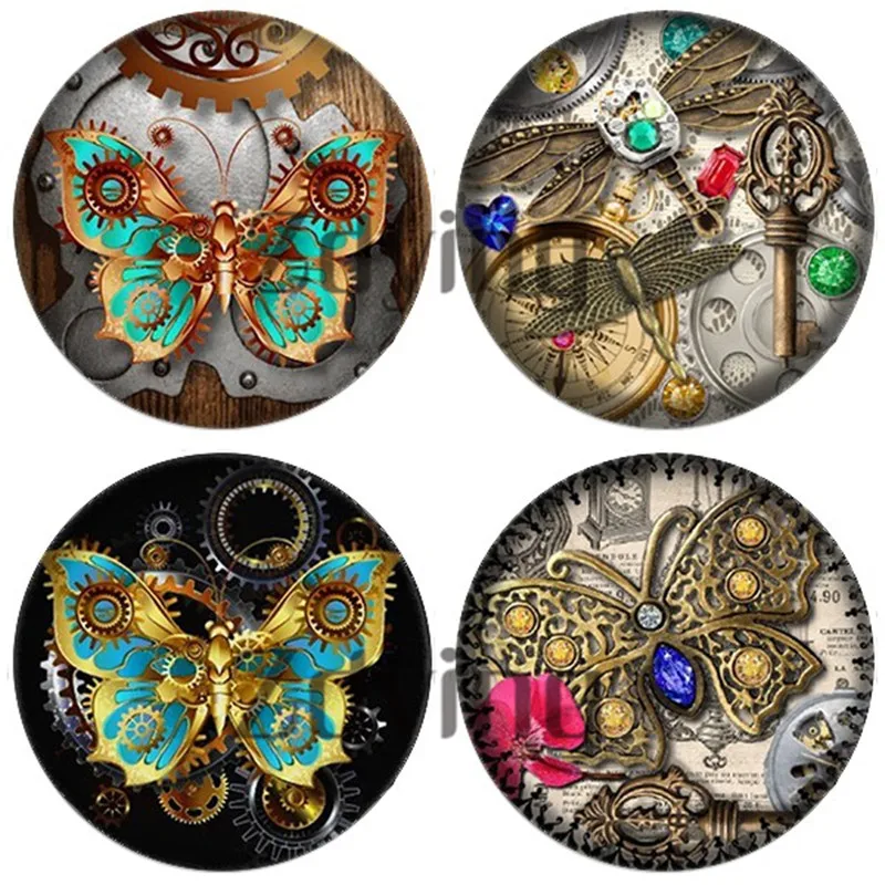 10 шт. Круглые Стеклянные Кабошоны часы в стиле стимпанк С Рисунком бабочки