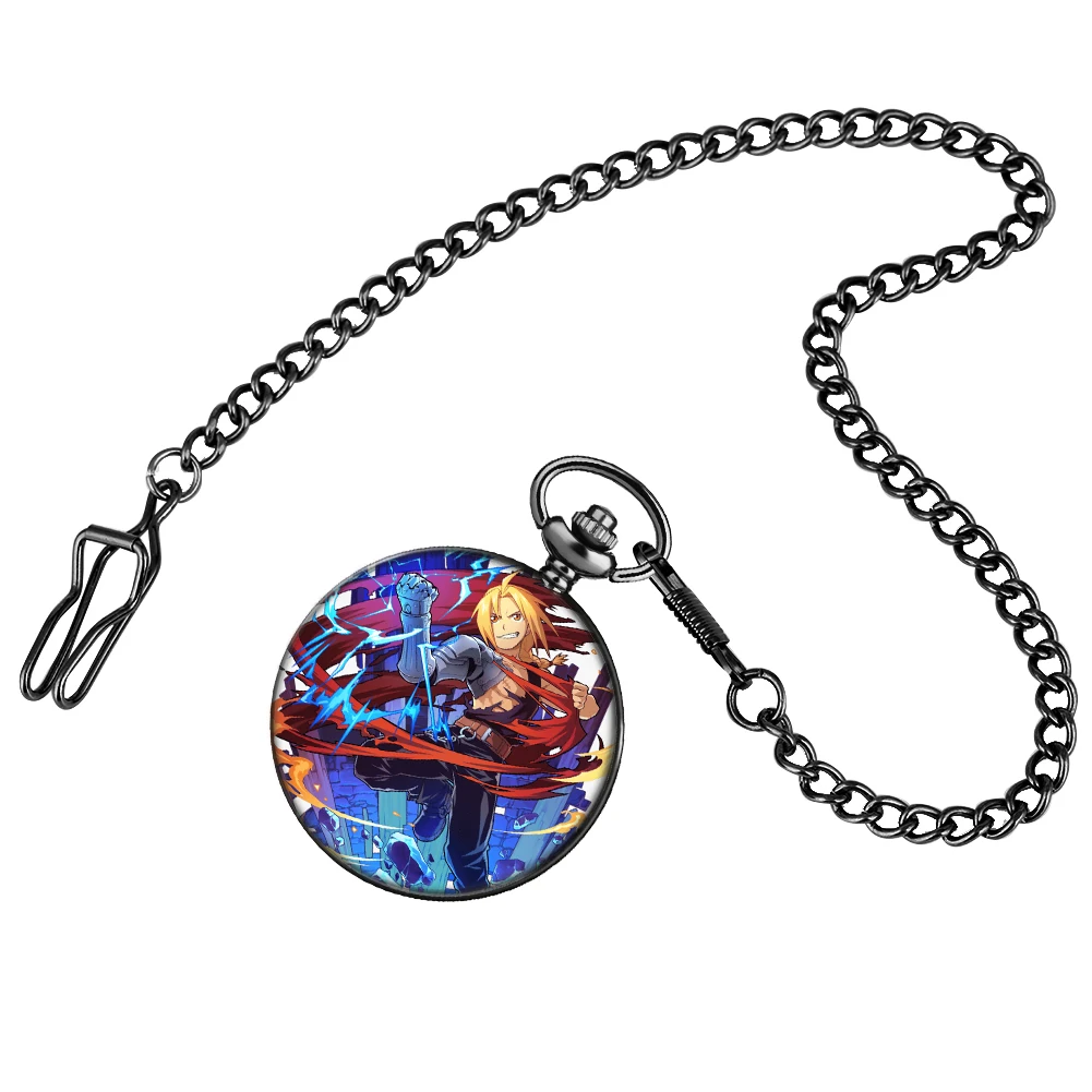 

High Quality Full Metal Alchemist Black Unisex Pocket Watch Pendant Chain Quartz Pocket Watches Japan Anime Clock Children Gifts