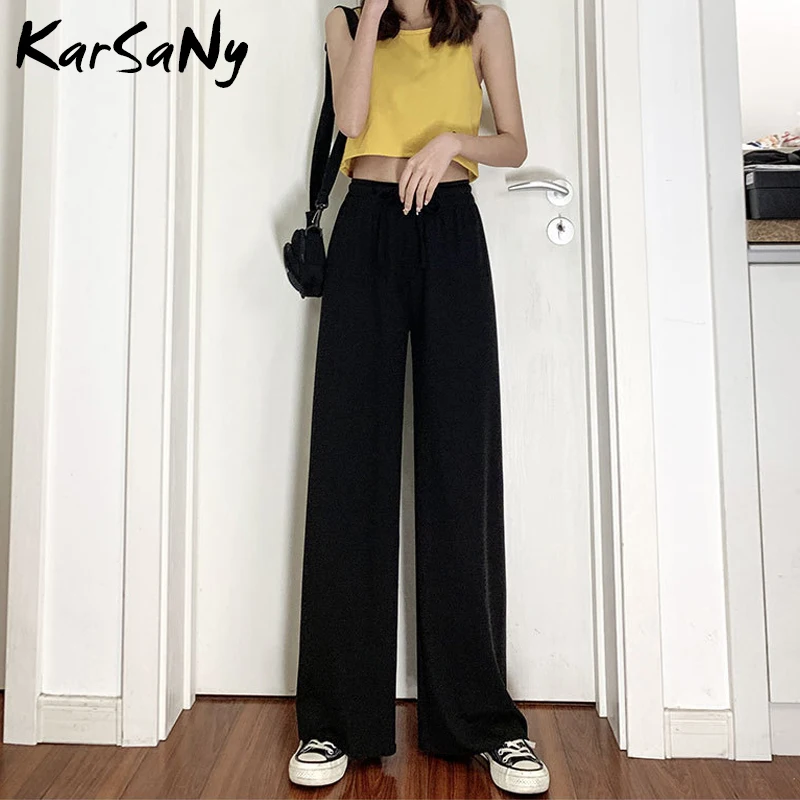 Брюки женские летние шелковые широкие на шнуровке с высокой талией | Женская