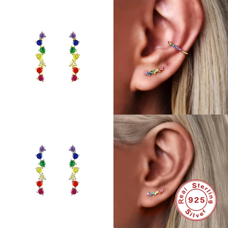 

CANNER Bohemia Piercing Earrings Colorful Zircon Real 925 Sterling Silver Stud Ear Rings for Women Unusual Personal Fine Jewelry