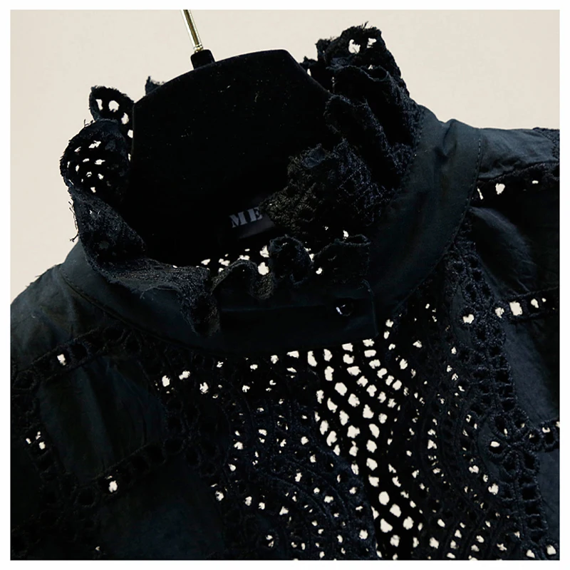 New Sexy Black Shirt Office Lady Stand Collar Ruffles Patched Hollow Out Tops Fall Slim Lace White Blouse Women