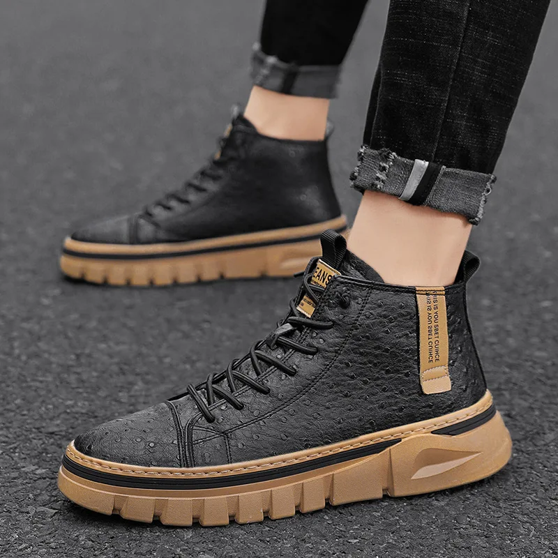 

New Martin Boots Men Leather Autumn Winter Casual Shoes Motorcycle Lace Up Ankle Boots Man Platform Fashion Black Mid Top Boots