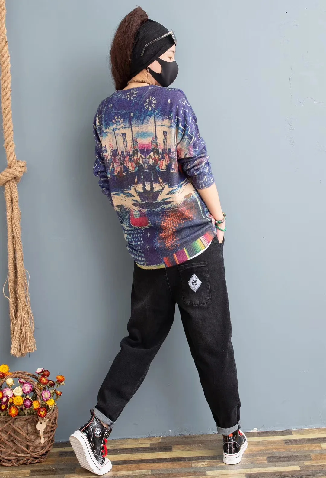 

Newest Autumn New Women Large Size Knitted Sweaters Women Purple Loose Sweater Plus Size Printing Sweaters Korean AA232S30