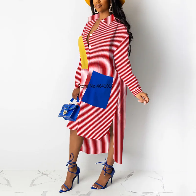 Женское свободное платье рубашка в полоску с длинным рукавом повседневная
