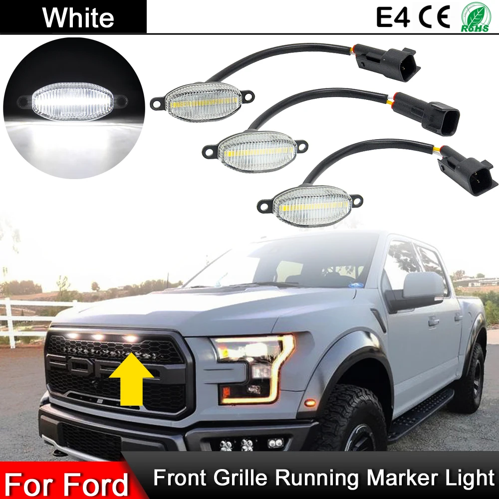 

3Pcs For Ford F150 SVT Raptor 2010-2014 Clear/Smoked Lens LED Front Grille Running Light Marker White DRL Lights