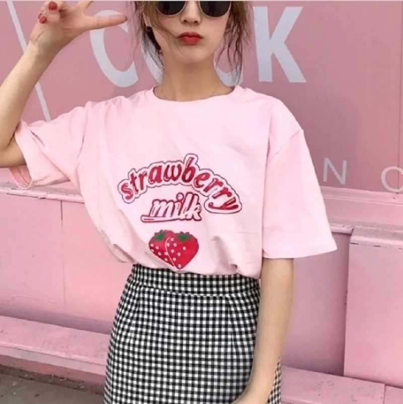 Kawaii/футболка в Корейском стиле с клубничным молоком летняя модная розовая