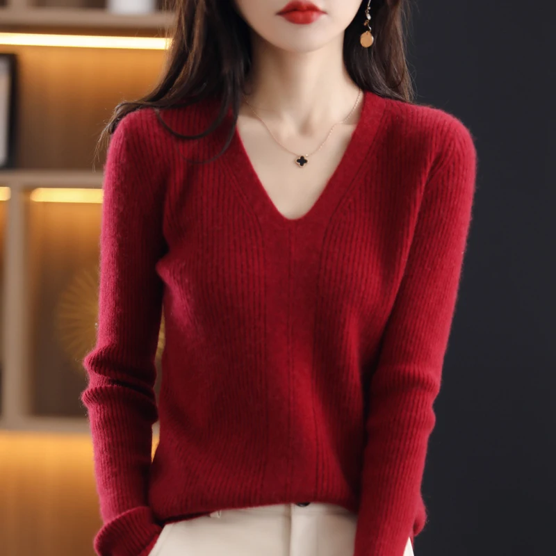 Autumn And Winter Women's V-Neck Pullover Sweater Loose Fashion All-Match Pure Wool Was Thin Solid Color Knitted Bottoming Shirt