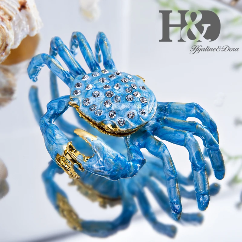 H & D ручная роспись эмалированные и Bejeweled синий краб безделушка Коробка кольцо на