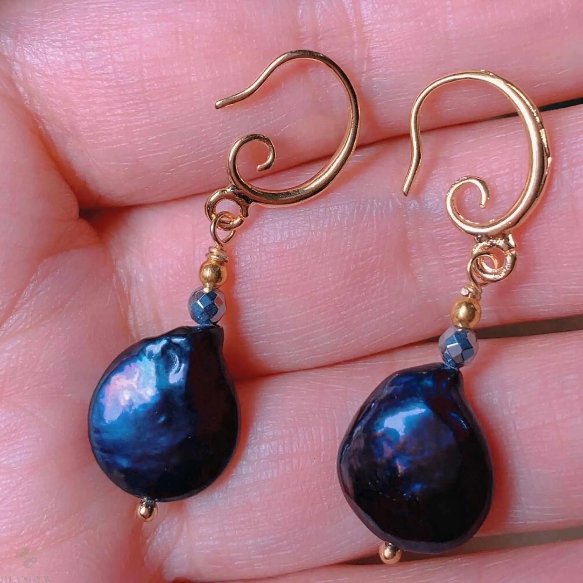 

Natural freshwater Baroque black Pearl gold 18K Earrings Aquaculture Cultured New Year FOOL'S DAY Wedding Jewelry Halloween