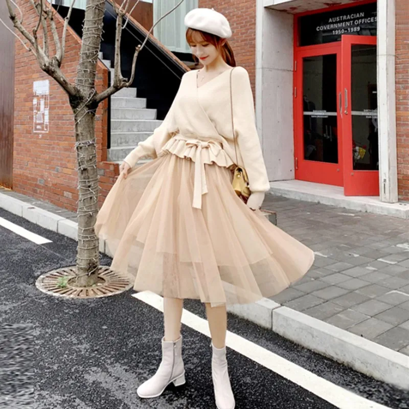 Осенне зимний плиссированный шифоновый костюм с юбкой вязаный комплект из 2