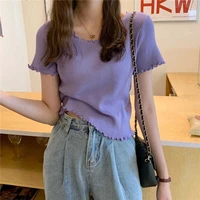 summer purple knitted t shirts big size solid color tops for women graphic tees black white gray kawaii clothes blusas mujer