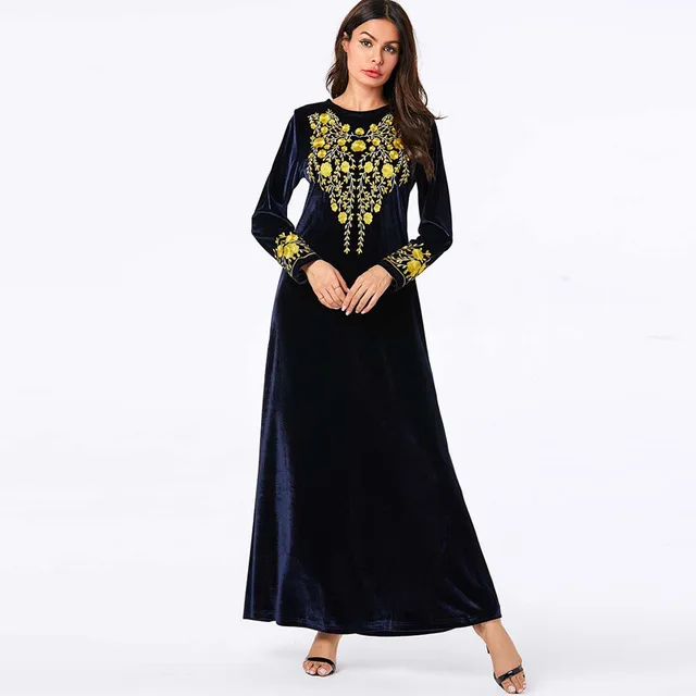 Dark Blue dress Теплый кафтан бархат abaya Дубай скромные Модные женские мусульманское длинное платье для девочки длинное зима осень темно-синий плюс размер abaya t хиджаб Халат - Цвет: Dark Blue dress