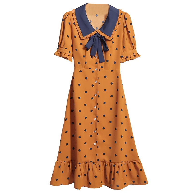 

Summer New Style Elegant Pastel Retro Vestidos A-line Wave Point Floral Print Vacation Korean Long Dress Women Trendy Clothes
