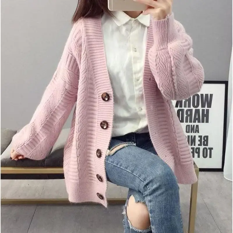 Fashion Elegant Warm Autumn Winter Sweater Cardigan Women Twist Knitted Casual Pink |