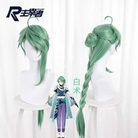 anime genshin impact cosplay baishu wig removable bun baishu green long straight braided ponytail heat resistant hair role play