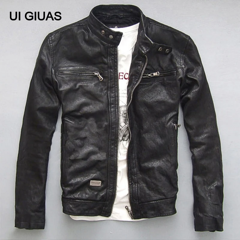 

Мужская Байкерская кожаная куртка, Черная байкерская куртка-бомбер из 100% натуральной овечьей и козьей шкуры, одежда для осени и весны