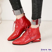 pointed toe square heel women boots 2019 fashion high heels ankle boots women shoes lace up leather rubber zapatos mujer