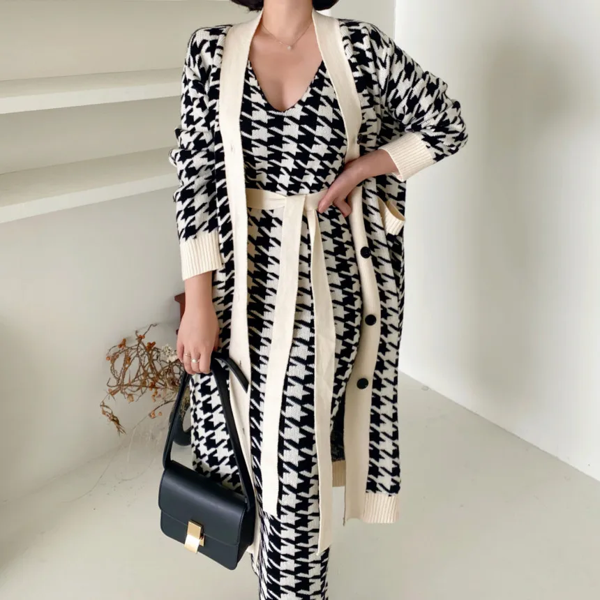 

Vintage Chic V-neck Knit Long Coat And Vest Dresses Women Two Piece Set Elegant Dress Suit Female Plaid Sweater Sets Female