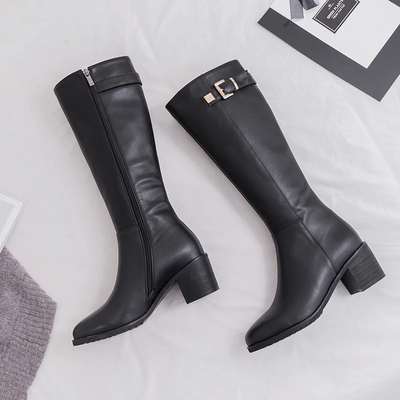 

HABHUCKN Women's winter boots 2020 leather boots high heel women's boots plush lining warm boots ladies fashion shoes