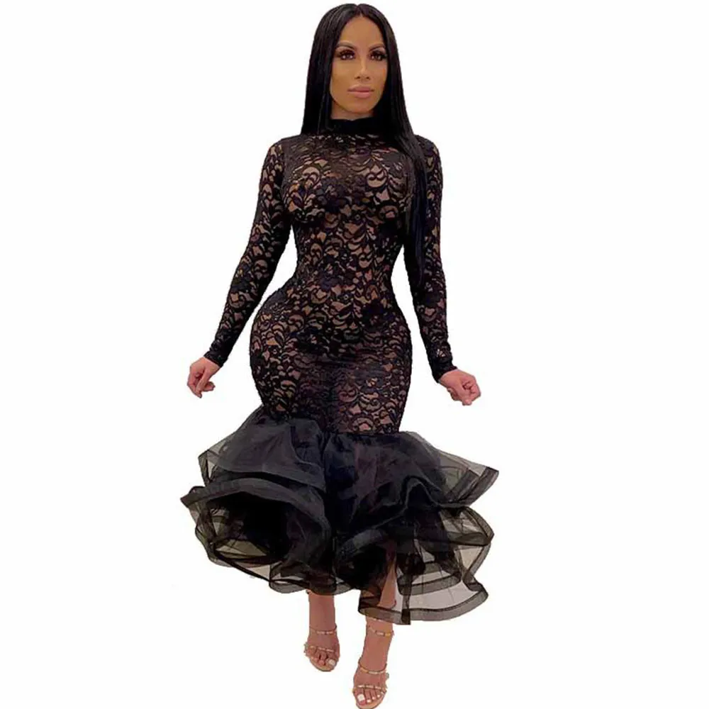 Женское прозрачное вечернее платье русалка кружевное облегающее миди с